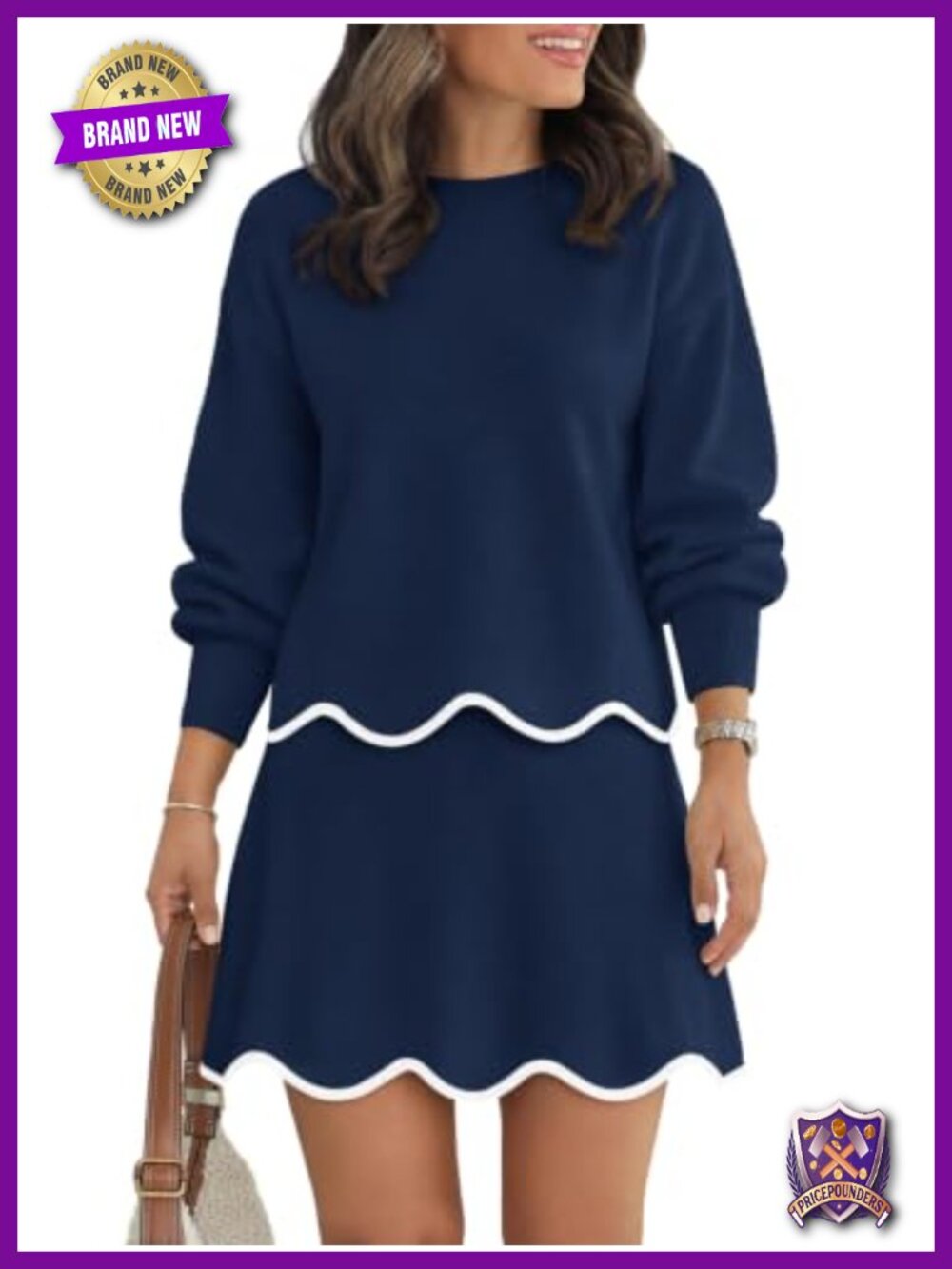 Knit Sweater & Mini Skirt 2 Piece Set Puff Sleeve Scalloped Trim